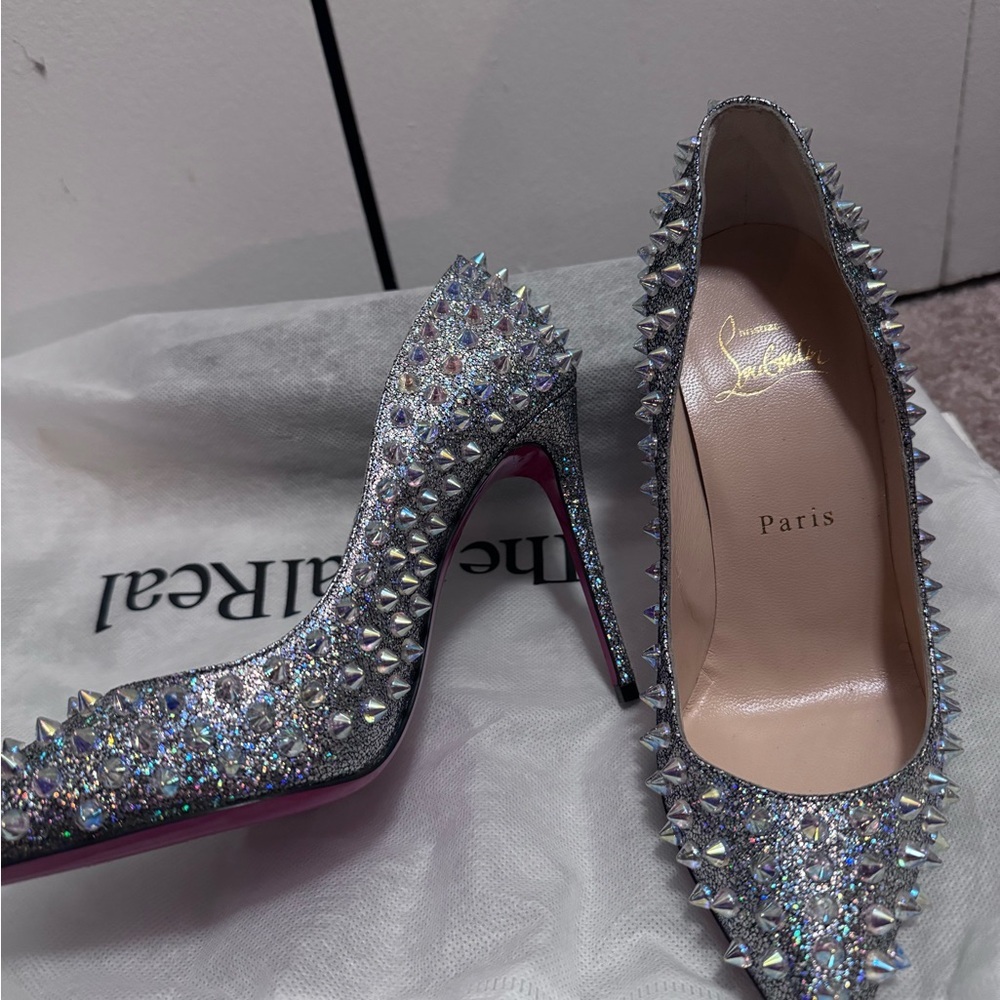 RARE Christian Louboutin Studded Silver & Suede Holographic Heels - Picture 3 of 16